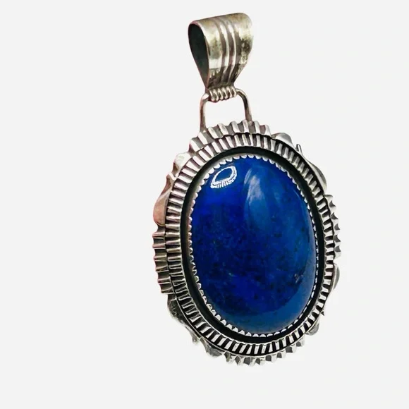 Signed Begay Large Sterling Lapis Native American Pendant - Picture 5 of 6